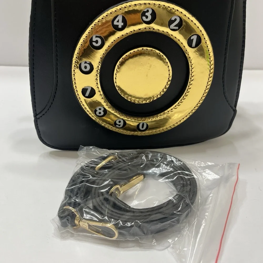 Retro Telephone Handbag Black Gold Crossbody Detachable Strap Gold Hardware 9x10